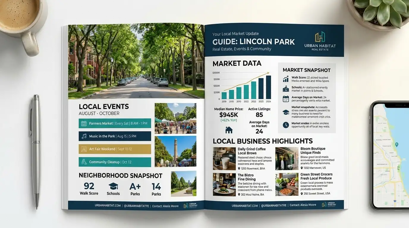 A sample downloadable neighborhood guide PDF layout, showing sections for local events, market data, and business highlights formatted for easy printing.