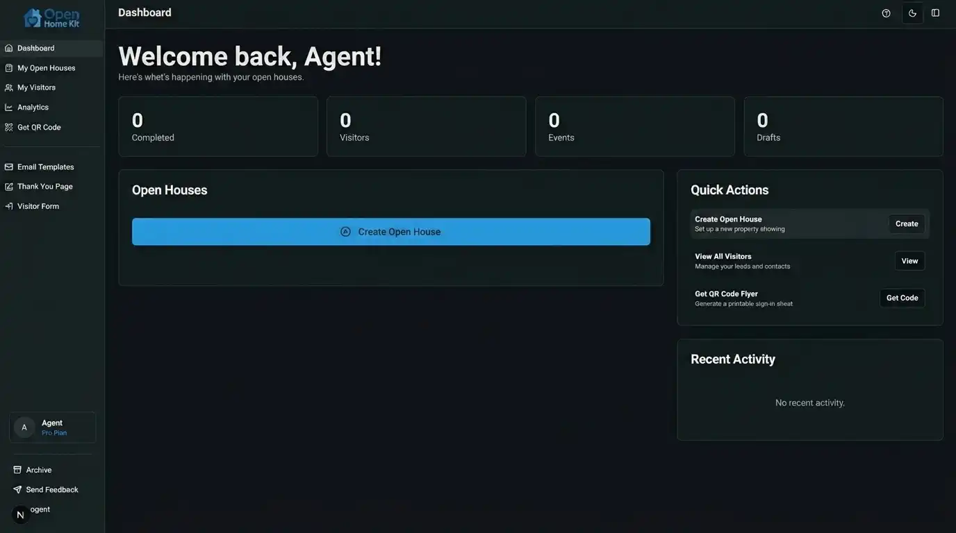 OpenHomeKit Agent Dashboard showing visitor details, property listings, and lead scoring